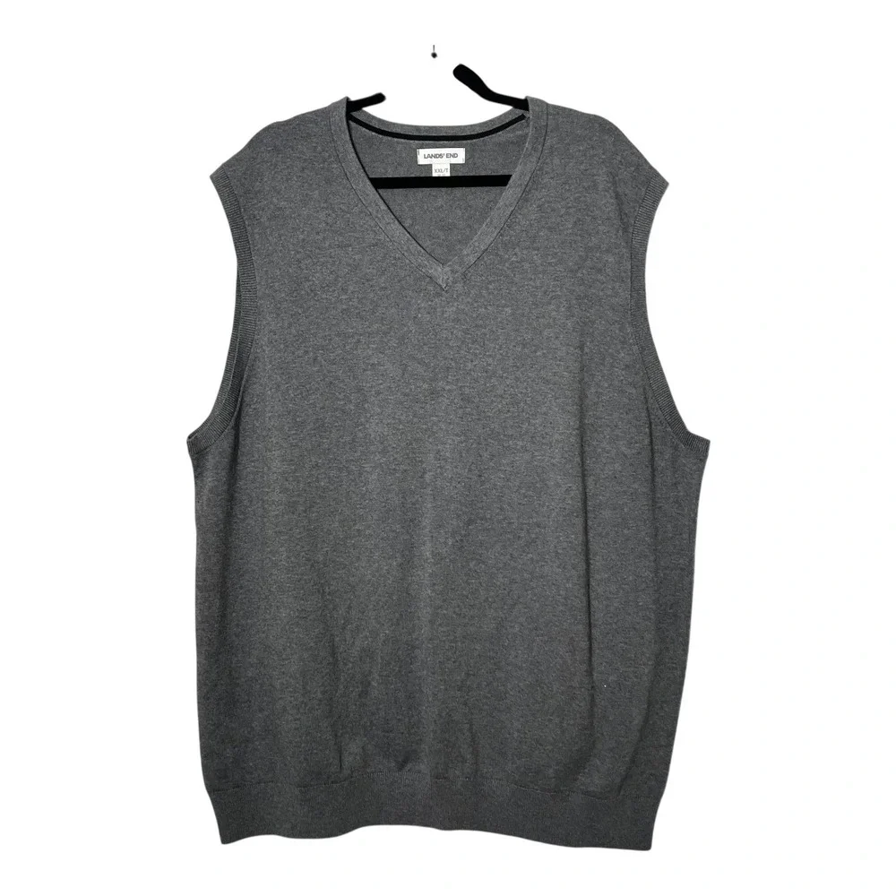 Lands End Mens XXL Tall Gray V-Neck Sweater Vest 100% Cotton 539762 Charcoal